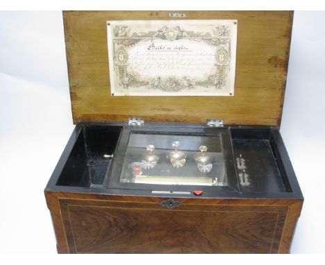 A late 19th Century Swiss Musical Box playing eight airs with three visible bells and butterflies having painted details, the