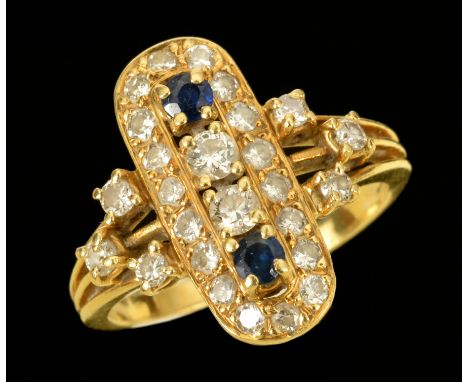 A Sapphire and Diamond Cocktail Ring claw-set a row of two brilliant-cut diamonds and two round sapphires within frame of dia