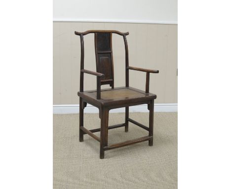 A Chinese huanghuali, huamu and jichimu Official's Hat or Yokeback Armchair, guanmaoyi, Qing Dynasty, with shaped top rail, l