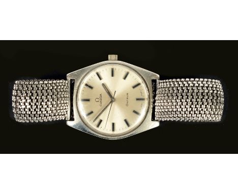 A Gentleman's 1970's Omega Geneve Wristwatch, the silvered dial with hourly baton markers and sweep seconds hand in steel cas