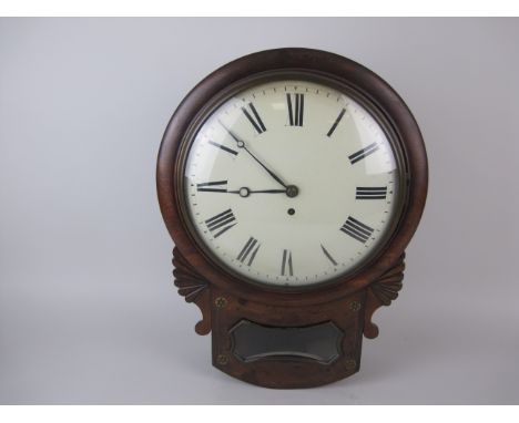 A Regency drop dial Wall Clock with white enamel dial, single train fusee movement in mahogany case having brass inlay