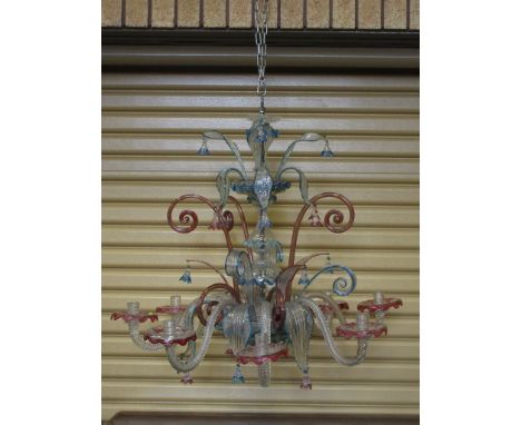 A large Venetian glass Chandelier with spiral branches and scrolls edged in pink and blue