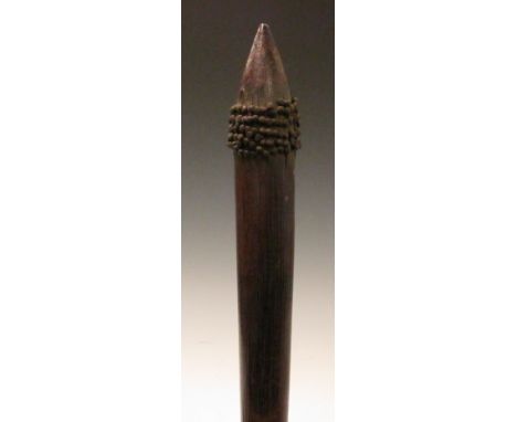 Aborigine Hitting Stick (waddy), Northeast Queensland, fine incised vertical grooves, conical head set with horseshoe nails a