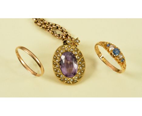 An Amethyst and Seed Pearl Pendant the oval-cut amethyst within a frame of seed pearls in 9ct gold on belcher chain, a Sapphi