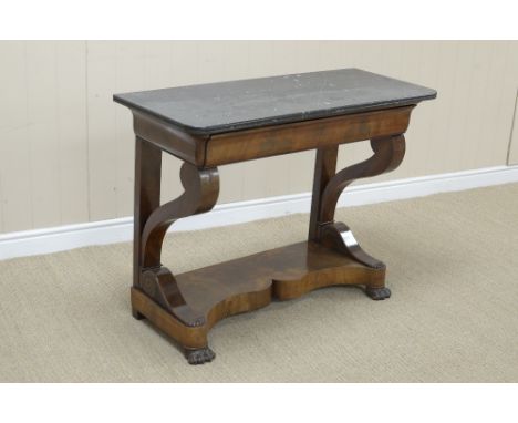 A 19th Century mahogany Console Table with black marble top, fitted drieze drawer with shaped base and paw feet, 3ft 6in W x 