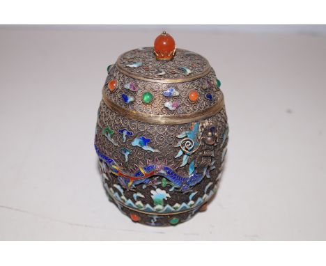 Oriental lidded container with dragon decoration &amp; enamel highlights. Jewelled decoration (Possibly silver gilt) Weight 3