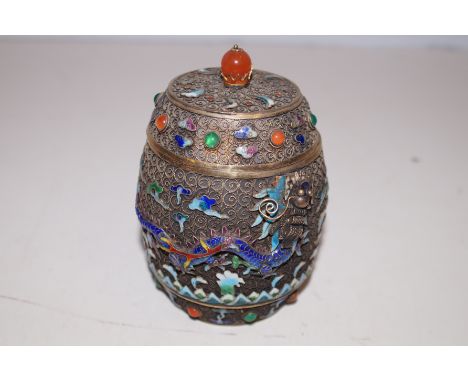 Oriental lidded container with dragon decoration &amp; enamel highlights. Jewelled decoration (Possibly silver gilt) Weight 3