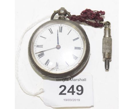 A ladies Swiss silver open face pocket watchThe circular white enamel dial with Roman numeral hour markers, within a silver c