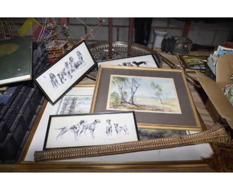 A mixed group of items Including various watercolours, including dog examples, landscape, and a print, together with a copper