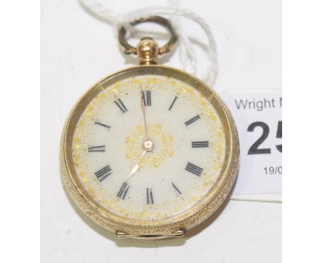 A Swiss ladies open face pocket watchThe circular white enamel dial with Roman numeral hour markers and case stamped 14k, and