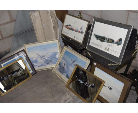 A large collection of aviation related prints Including a G Coulson print, a pair of mirrors with Hawker 'Hurricane' depictio