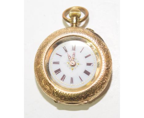 A Swiss ladies open face pocket watchThe circular white enamel dial with Roman numeral hour markers and case stamped 14k, and