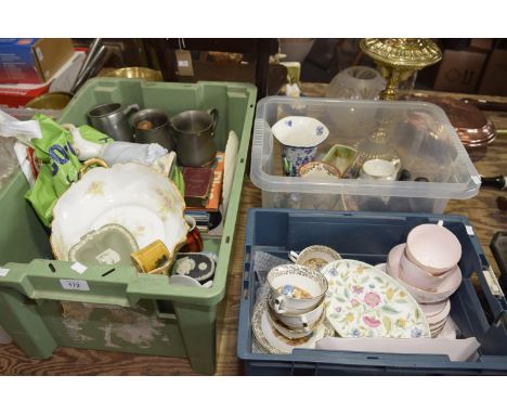 A large collection of various ceramics Including Minton dish, Wedgwood Jasperware dishes, Nao figure, Football magazines, etc