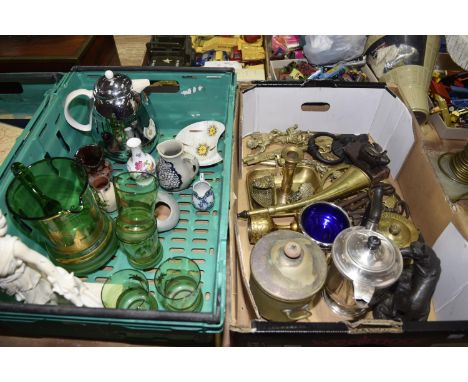 A mixed group of ceramics and metalwares Including Radford dish, studio pottery, brass candlestick, door knocker, plated hot 