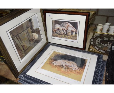 A group of four pig related prints Including a Mick Cawston print 'Bottoms up', E Hobbs print, etc. (4) 
