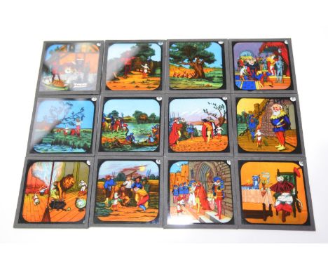 A boxed set of 'Puss in boots' glass lantern slides In vibrant colours, in original box. 