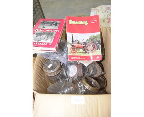 A collection of kilner jars Of various sizes, together with a collection of tractor and engine related books and magazines. (