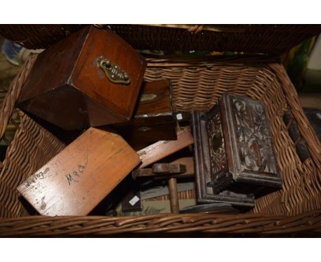 A wicker basket With contents including wooden money box, architects equipment, tools, etc. 