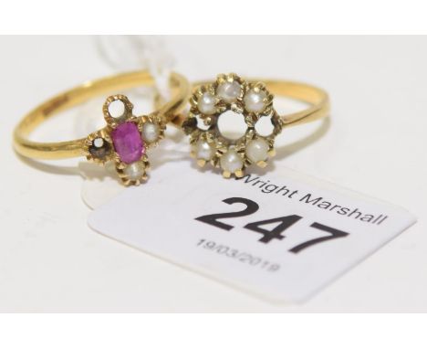 Two gem-set dress ringsTo include a seed pearl cluster ring together with a ruby and seed pearl dress ring, AF, ring sizes R 