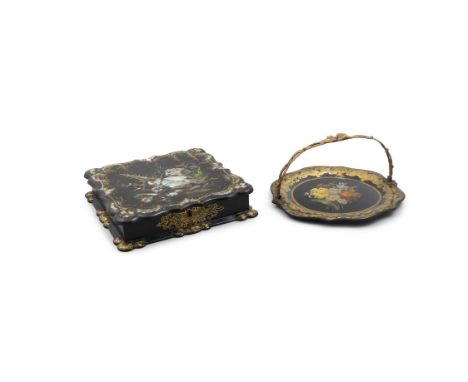 A VICTORIAN PAPIER MACHÉ AND MOTHER OF PEARL GAMES COMPENDIUM,in the manner of Jennens and Bettridge, with Rococo style shell