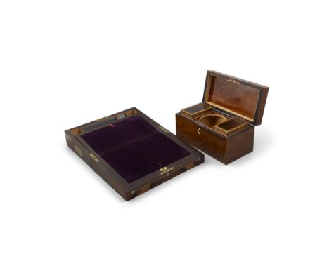 A VICTORIAN ROSEWOOD AND MOTHER OF PEARL INLAID WRITING SLOPE,opening to reveal purple velvet interior, with pen tray and com