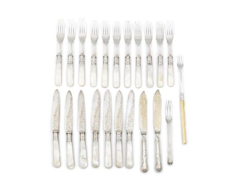 A SET OF ELEVEN SILVER AND MOTHER OF PEARL HANDLED FRUIT FORKS and thirteen knives ensuite (five with blades detached from th
