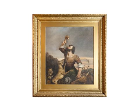 MANNER OF WILLIAM POWELL FRITHBlowing the hunting horn, figure stands over his prey with accompanying hounds&nbsp;Oil on canv