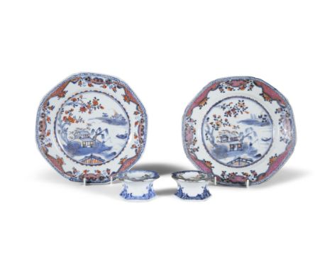 A PAIR OF CHINESE EXPORT SILVER SHAPED OCTANGONAL DISHES, QIAN LONG (1736 - 95)decorated with pagodas on a river landscape, 2
