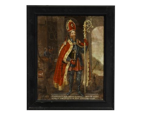 GERMAN SCHOOL, 17TH CENTURY  St. Arnuldhus, later Bishop of Metensis Oil on canvas, 74.5 x 58.5cmSt. Arnuldhus, also known as