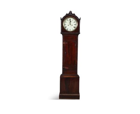 AN IRISH MAHOGANY LONG CASED CLOCK 19TH CENTURY BY ROBERT HAMPSON DUBLINthe arched hood with rope twist edge, brass bezel and