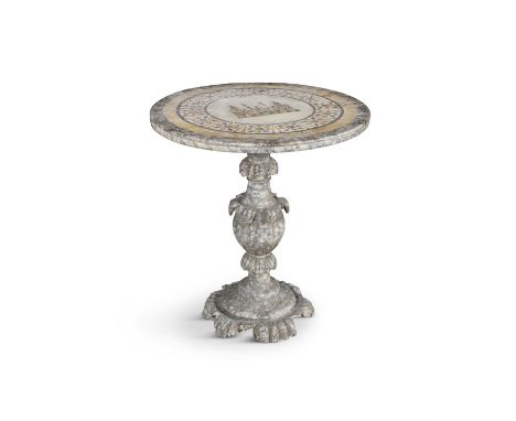 AN ITALIAN MARBLE AND ALABASTER CIRCULAR TABLE 19TH CENTURYthe top inlaid with an architectural motifs within inlaid geometri