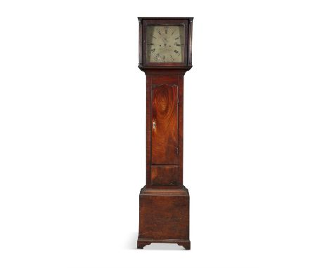 AN IRISH GEORGE III MAHOGANY LONGCASE CLOCK the rectangular hood with fluted columns, glazed door enclosing a gilt metal dial