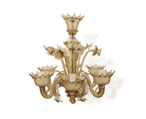 A SMALL SIX BRANCH PINK MURANO GLASS CHANDELIER c.55cm high to drop, c.45cm diameter(E)ELECTRICAL GOOD IN NEED OF REWIRING AR