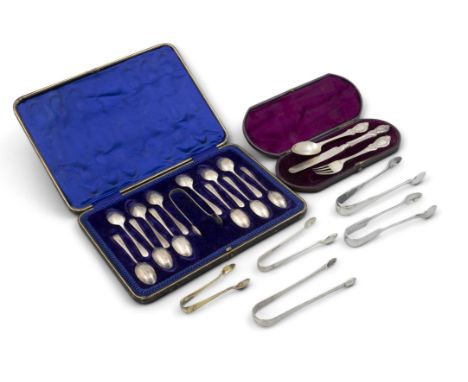 A CASED SET OF TWELVE SILVER TEASPOONS,Sheffield c.1937 and a matching sugar nips; together with a cased silver Christening s