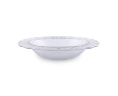 A LALIQUE GLASS DISH,the rim with stylised geometric decoration, signed R. Lalique to base,  26.5cm diameter