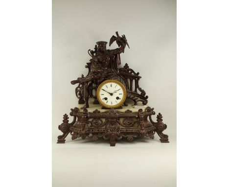20th century figural mantel clock, cast metal and alabaster, movement signed 'Brevete S.F.D.G', H37cm, W37cm CLOCKS & BAROMET
