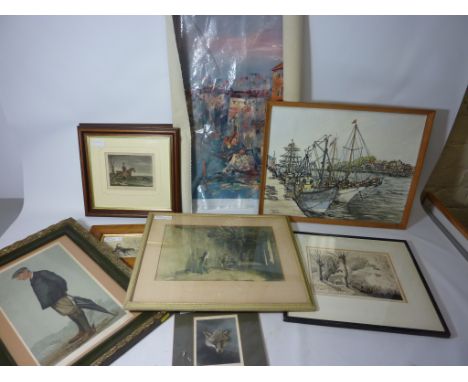 Continental Scene, oil on canvas (unframed) 36.5cm x 24.5cm, Flint print, Country Pursuit scenes and others in one box (9)
 C