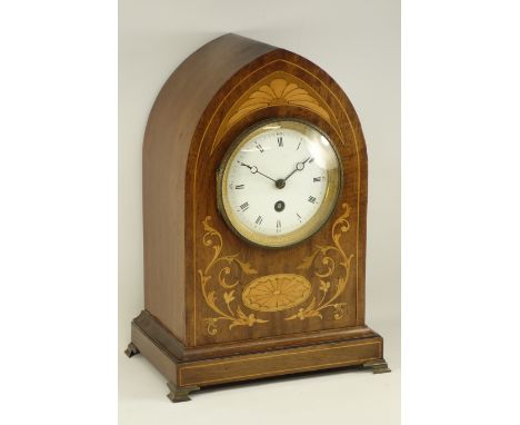 Edwardian inlaid walnut mantel clock with Samuel Marti Paris movement, W21cm, H30cm  CLOCKS & BAROMETERS - as we are not a re