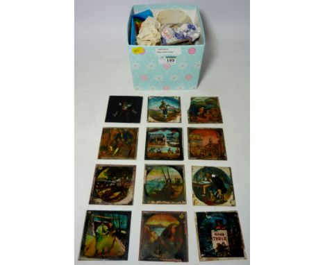 Collection of magic lantern slides - including scenes from Robinson Crusoe, Gulliver's Travels etc - in one box  Condition Re