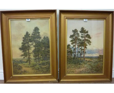 Evening Sunset, late 19th century colour print 42cm x 71cm and another pair of Woodland scenes after B W Leader  and an engra