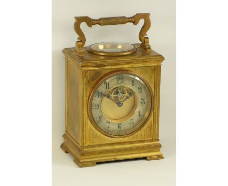 Early 20th century brass carriage clock, top fitted with curved thermometer and compass, barrel movement signed 'D.H', W13cm,