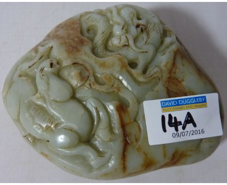 18th century pebble jade scroll weight, carved with a dragon and a horse L12.5cm  Condition Report Click here for further ima