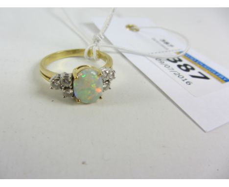 18ct gold ring set with opal and three diamond shoulders hallmarked Condition Report Click here for further images, condition