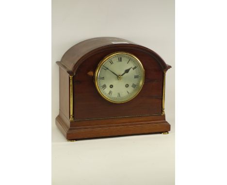 Edwardian mahogany mantel clock, brass column supports, W27cm, H23cm CLOCKS & BAROMETERS - as we are not a retailer, these it
