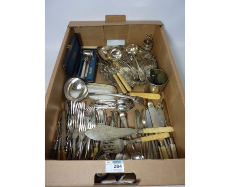 Silver-plated waiter with fruiting vine decoration, silver-plated cutlery and other silver plate, vintage 'The Ultra' lens (b