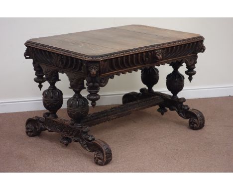 Victorian oak rectangular table with canted corners, fitted with single drawer, raised on quadruple baluster pillar stretcher