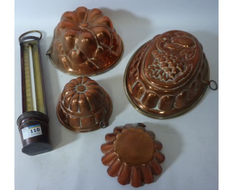 Victorian copper jelly mould, three other copper jelly moulds, set of kitchen scales, and a thermometer Condition Report Clic