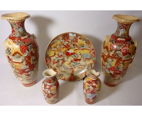 Pair large Japanese Satsuma vases H41.5cm, smaller pair, charger,  table lamp and a Cantonese design table lamp Condition Rep