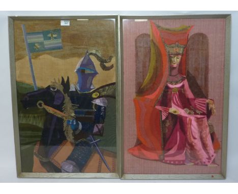 Medieval Knight and Maiden, pair textile collages 70cm x 45cm and an old trunk 34cm x 46cm x 40cm (3) Condition Report Click 
