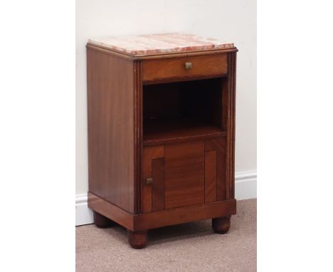 20th century mahogany French Art Deco style bedside fitted with drawer and ceramic lined pot cupboard, inset marble top, W45c